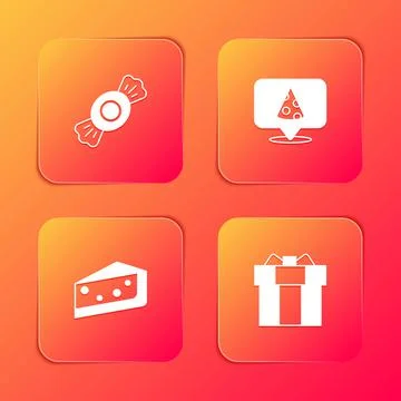 Set Candy, Slice of pizza, Piece cake and Gift box icon. Vector Stockillustratie