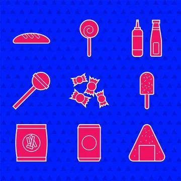 Set Candy, Soda can with straw, Onigiri, Ice cream, Hard bread chucks crackers 스톡 일러스트