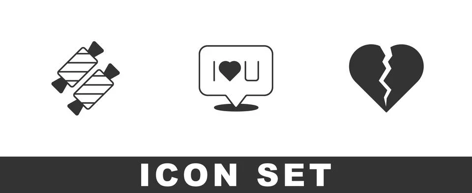 Set Candy, Speech bubble text I love you and Broken heart or divorce icon. .. Stock Illustration