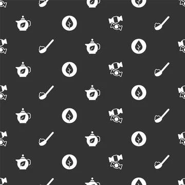 Set Candy, Spoon with sugar, Teapot leaf and on seamless pattern. Vector イラスト素材