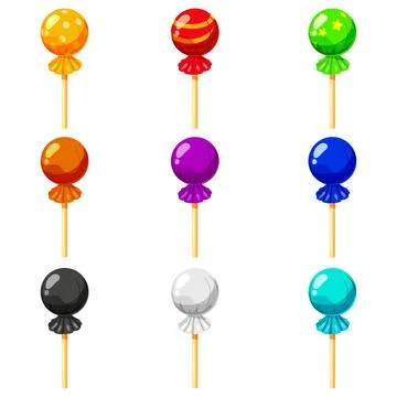 Set of Candy on a stick isometric 3d sweet. Lollipop caramel vector Stock Illustration