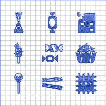Set Candy, Sugar stick packets, Cracker biscuit, Cupcake, Lollipop, Ice cream Stock Illustration