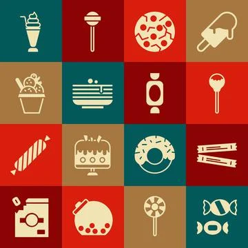 Set Candy, Sugar stick packets, Lollipop, Cookie or biscuit, Stack of pancakes Stock Illustration