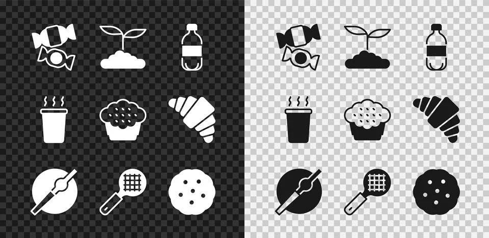 Set Candy, Tea leaf, Bottle of water, Cigarette, strainer with handle, Cook.. Illustration
