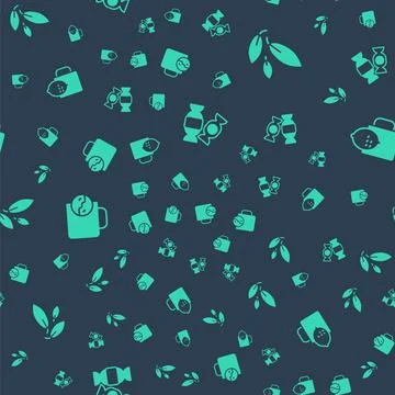 Set Candy, Tea leaf, time and Cup of tea with lemon on seamless pattern. Vect Stock Illustration