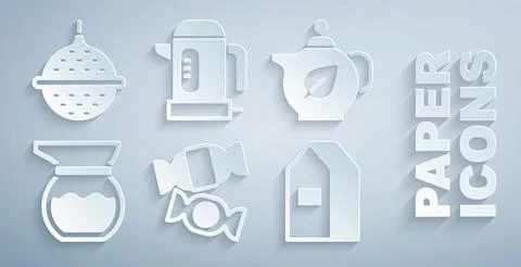 Set Candy, Teapot with leaf, Paper package for milk, Electric kettle and Ball Illustration