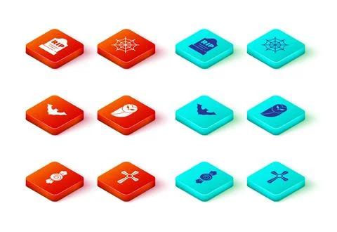 Set Candy, Tombstone with cross, Flying bat, Owl, Spider web and RIP writte.. Stock Illustration