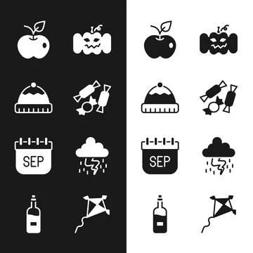 Set Candy, Winter hat, Apple, Pumpkin, September calendar autumn, Storm, Kite Stock Illustration