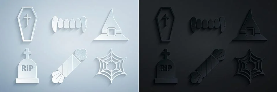 Set Candy Witch hat Tombstone with RIP Spider web Vampire teeth and Coffin ch Stock Illustration