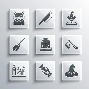Set Candy, Witch hat, Wooden axe, Tombstone with RIP written, Burning candle Illustration