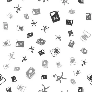Set Canister fuel, Murder, Thief mask and Playing cards on seamless pattern Stock Illustration