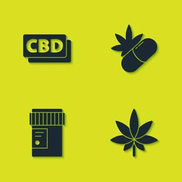 Set Cannabis molecule, Marijuana or cannabis leaf, Medical bottle with and pills Stock Illustration