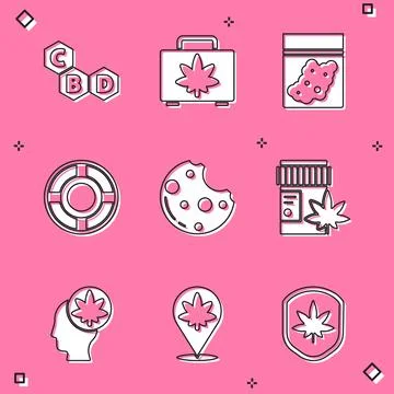 Set Cannabis molecule, Shopping box of marijuana, Plastic bag cannabis, Ashtray Stock Illustration