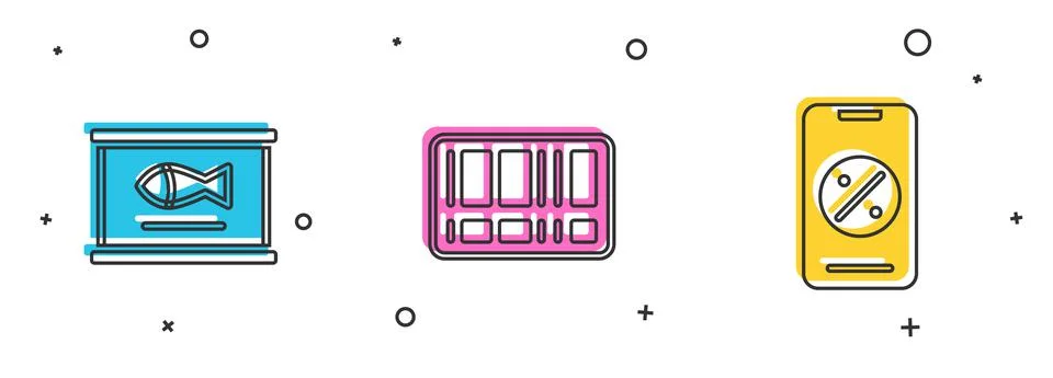 Set Canned fish, Barcode and Percent discount and mobile icon. Vector Illustrazione stock