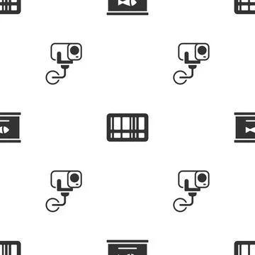 Set Canned fish, Barcode and Security camera on seamless pattern. Vector Stock Illustration