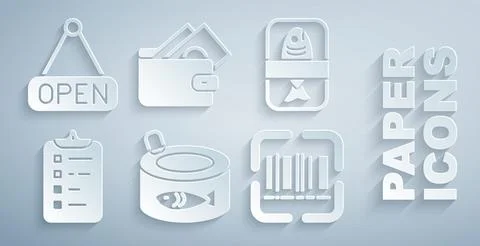 Set Canned fish, Fish plastic tray container, Shopping list, Scanner scanning イラスト素材