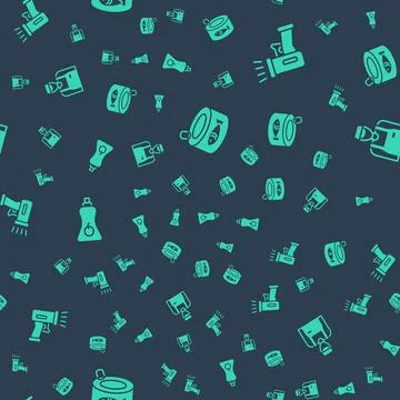 Set Canned fish, Scanner scanning bar code, Sauce bottle and Seller on seamless Stock-Illustration
