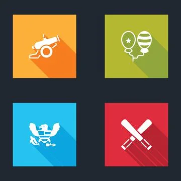 Set Cannon, Balloons, Eagle and Crossed baseball bat icon. Vector 스톡 일러스트