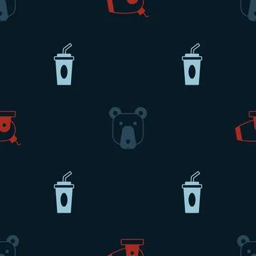 Set Cannon, Bear head and Paper glass with water on seamless pattern. Vector Stock Illustration
