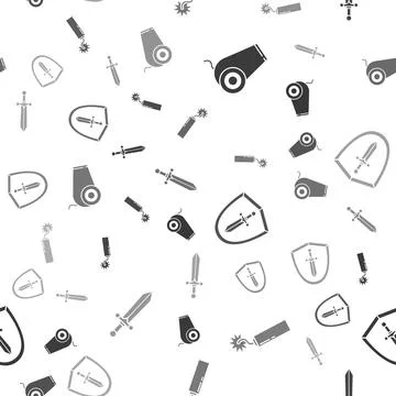 Set Cannon, Dynamite bomb stick clock, Medieval shield with sword and Medieval Stock Illustration