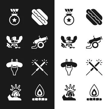 Set Cannon, Eagle, Medal with star, Hotdog sandwich, Sausage the fork, Spar.. Stock Illustration