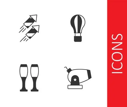 Set Cannon, Firework rocket, Bowling pin and Hot air balloon icon. Vector Stock Illustration