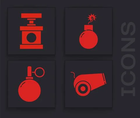 Set Cannon, Handle detonator for dynamite, Bomb ready to explode and Hand Stockillustratie