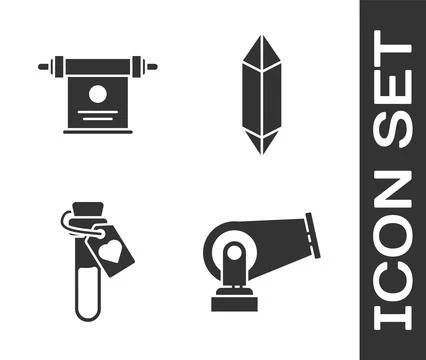 Set Cannon, Magic scroll, Bottle with love potion and Magic stone icon. Vector Illustrazione stock