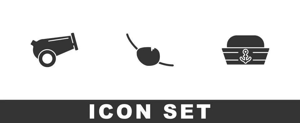 Set Cannon, Pirate eye patch and Sailor hat icon. Vector Illustrazione stock