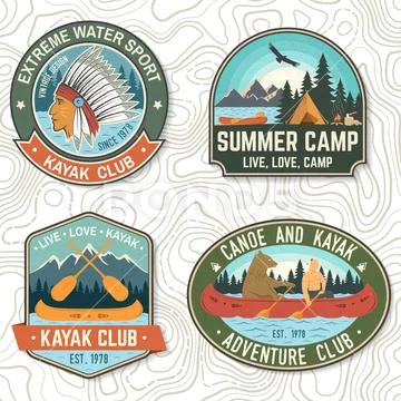 Set of canoe and kayak club badges Vector. Concept for patch, print, stamp or Stock Illustration