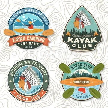 Set of canoe and kayak club badges Vector. Concept for patch, shirt, stamp or Stock Illustration
