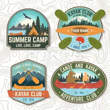 Set of canoe and kayak club badges Vector. Concept for patch, shirt, print or Stock Illustration
