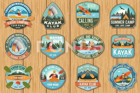Set of canoe and kayak club badges Vector. Concept for patch, shirt, print or Stock Illustration