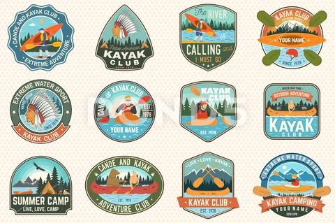 Set of canoe and kayak club badges Vector. Concept for patch, shirt, print or Stock Illustration