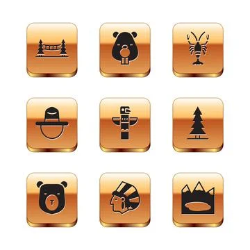 Set Capilano Suspension Bridge, Bear head, Native American Indian, Canadian Stock Illustration