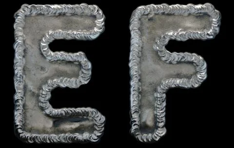 Set of capital letters E and F made of industrial metal isolated on black Stock Illustration