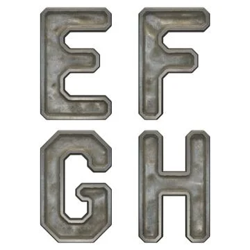 Set of capital letters E, F, G, H made of industrial metal isolated on white Stock Illustration