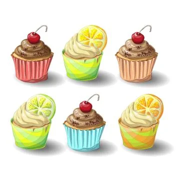 Set of capkakes. Hand draw. Chocolate and citrus capcake. Illustrazione stock