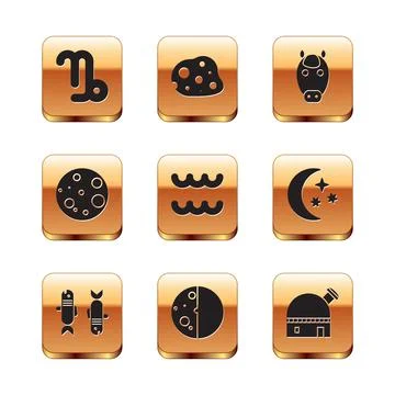 Set Capricorn zodiac, Pisces, Eclipse of the sun, Aquarius, Moon, Horse Ilustração Stock