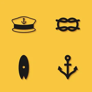 Set Captain hat, Anchor, Surfboard and Nautical rope knots icon with long shadow Illustrazione stock