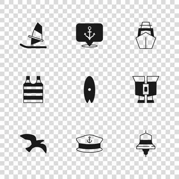 Set Captain hat, Binoculars, Ship bell, Surfboard, Yacht sailboat, Windsurf.. Stock Illustration