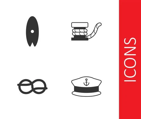 Set Captain hat, Surfboard, Nautical rope knots and Marine bollard with icon Stock Illustration