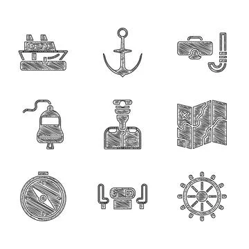 Set Captain of ship, Poker table, Ship steering wheel, Folded map, Compass, b Stock Illustration