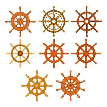 Set of captain ship steering wheel, Vintage wooden ship's wheel collection,.. Stock Illustration