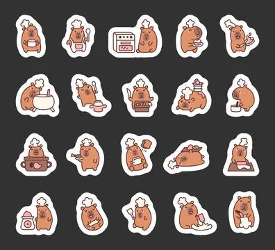 Set of capybara in chef hat with baking tools Illustrazione stock