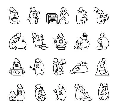 Set of capybara in chef hat with baking tools Illustrazione stock