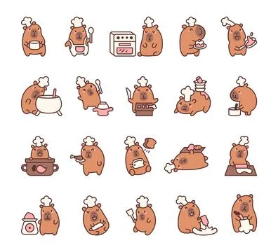 Set of capybara in chef hat with baking tools Illustrazione stock