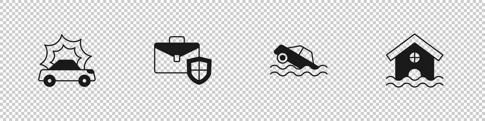 Set Car accident, Briefcase with shield, Flood car and House flood icon. Vect Stock Illustration