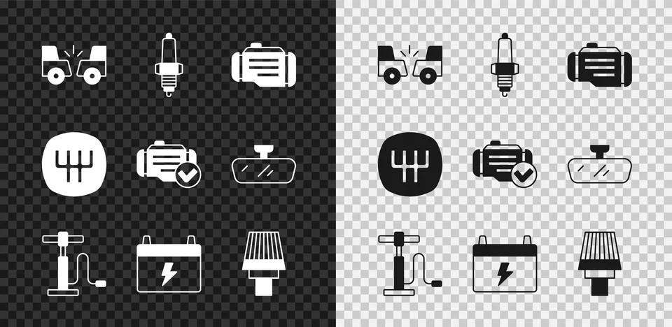 Set Car accident, spark plug, Check engine, air pump, battery, filter, Gear.. Stock Illustration