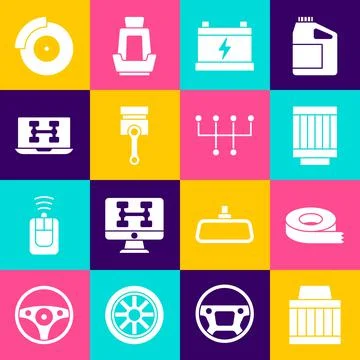 Set Car air filter, Scotch tape, battery, Engine piston, Diagnostics condition Illustrazione stock